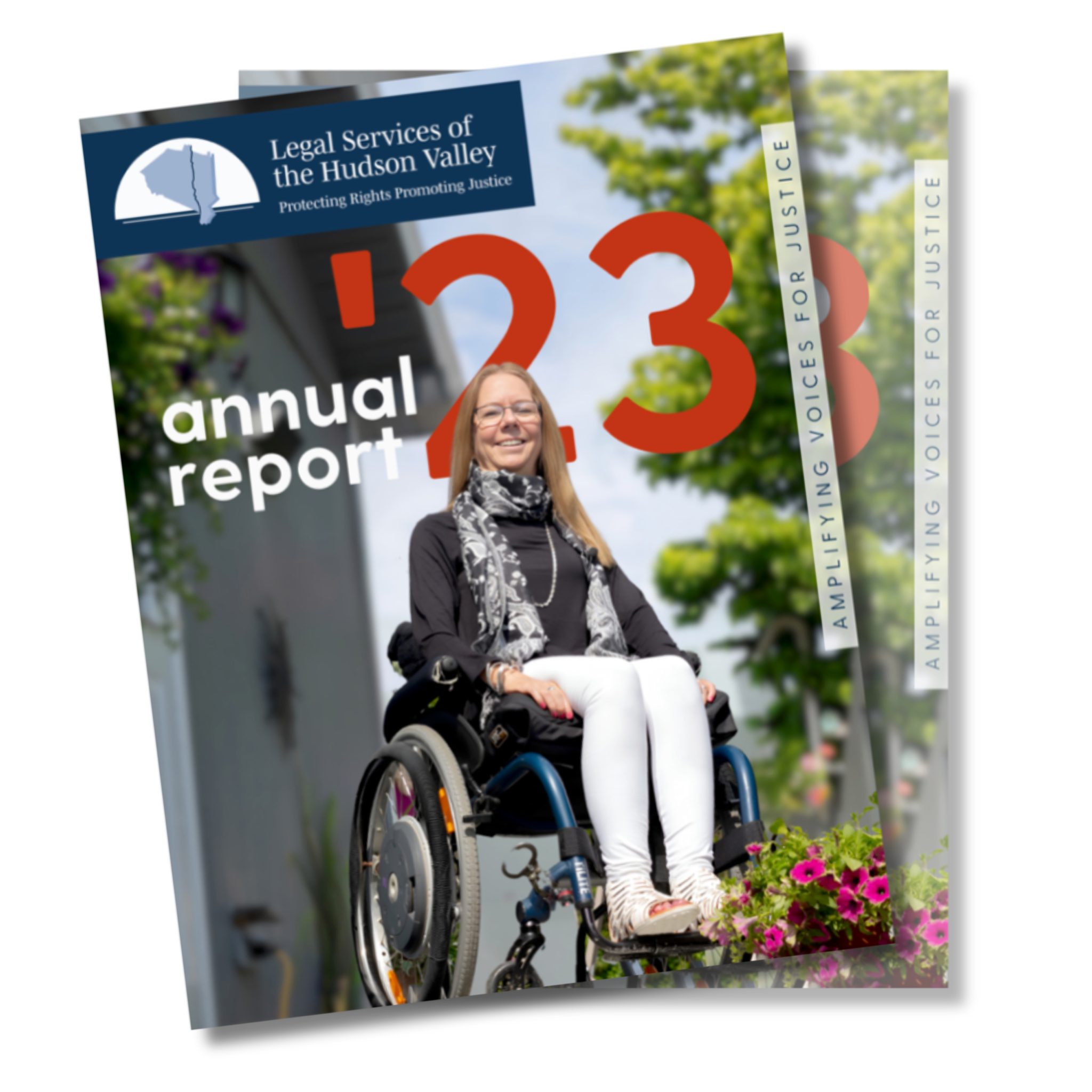 Photo to promote LSHV's 2023 Annual Report which shows a woman smiling proudly, while sitting in a handicap wheelchair.